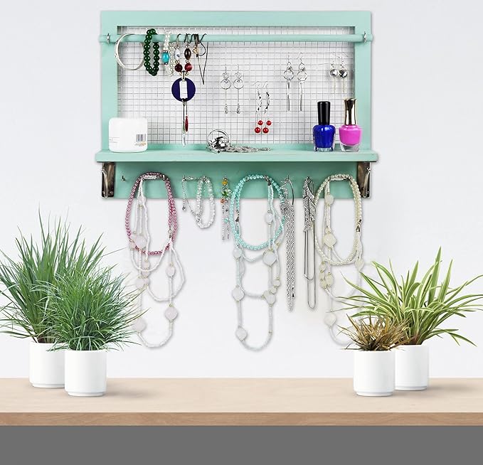 Wall Mount Jewelry Organizer with Shelf, Removable Rod, Hooks, Turquoise, 16.75 x 12 x 3 Inches, Earrings Necklaces Bracelets Rings Display Storage