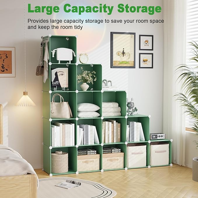 C&AHOME Cube Storage Organizer, 16-Cube Shelves Units, Plastic Storage Cubes, DIY Closet Organizer, Modular Closet Storage Shelves Ideal for Home, Bedroom, 48.4" L × 12.4" W × 48.4" H Green UPCS16GN