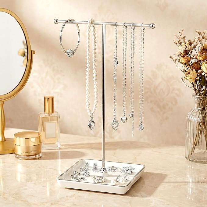 Jewelry Holder Stand with Ceramic Base: 12" Tall Necklace Organizer Rack, Tree Design Display Storage for Necklaces, Bracelets, Rings, Earrings, Aesthetic Vintage Room Décor (Silver)