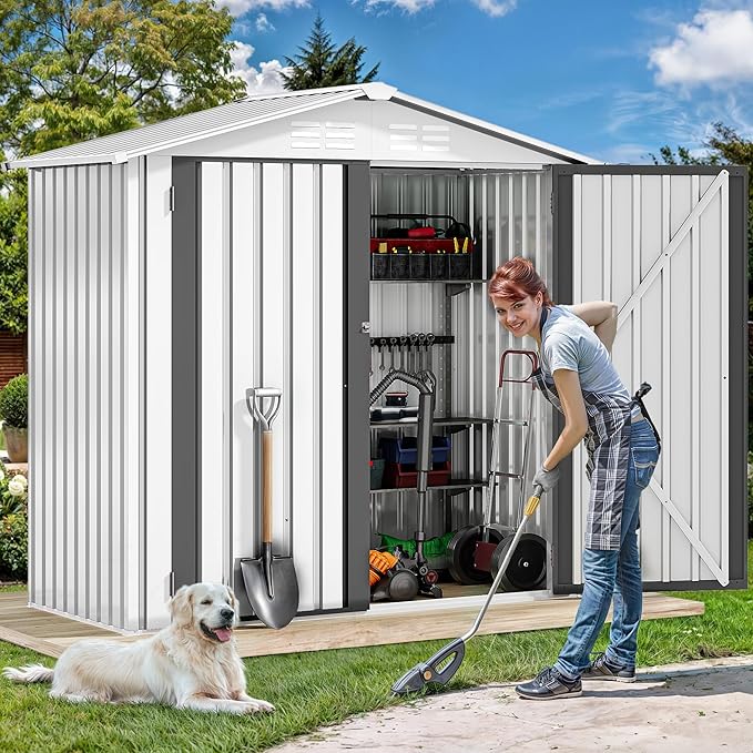 DWVO 6x4ft Tool Storage Shed, Lockable Doors, and Sloped Roof, Steel Outdoor Storage Shed for Garden, Patio, Garage, Backyard, Lawn - White