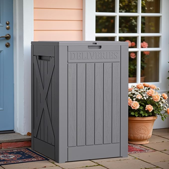 Greesum 52 Gallon Large Outdoor Package Delivery Box for Porch, Lockable Secure Double-Wall Resin Storage Bin, Waterproof Deck Container for Package Protection, Gray
