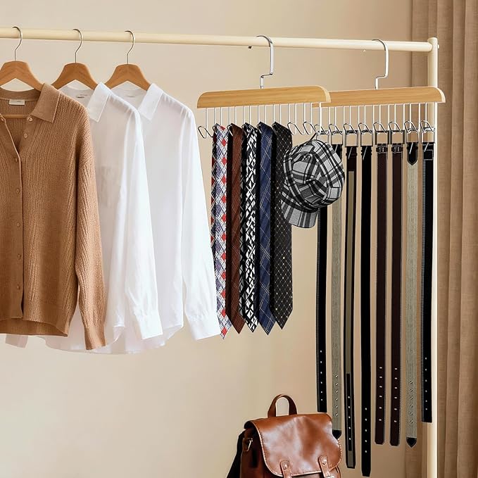 2 Pack Tie Hanger for Closet, Wooden Tie Racks Hanger with Upgraded 360°Rotating, Space-Saving Belt Holders with 8 Hooks, Closet Storage for Tie,Tank Top,Bra, Scarf,Hat