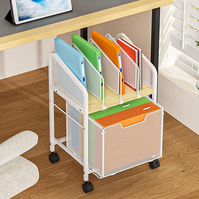 Rolling File Cabinet with Adjustable Dividers, Mobile Filing Cabinet with Storage Drawer on Lockable Wheels, Hanging File Organizer Beside Under Desk for Office, Home, White（Patent Pending）