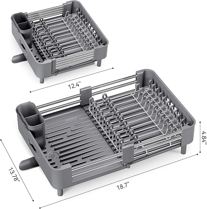 Stainless Steel Dish Drying Rack - Dish Drainer for Kitchen Counter, Extendable Drainboard with Foldable, Space-Saving Cup & Bowl Organizer, Includes Knife and Utensil Holder, Gray