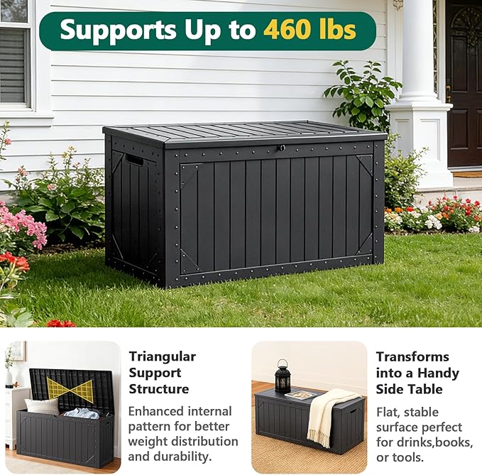 100 Gallon Outdoor Storage Box, Waterproof Resin Deck Box Organizer for Patio Cushion Storage, Lockable Outside Container for Garden Tools