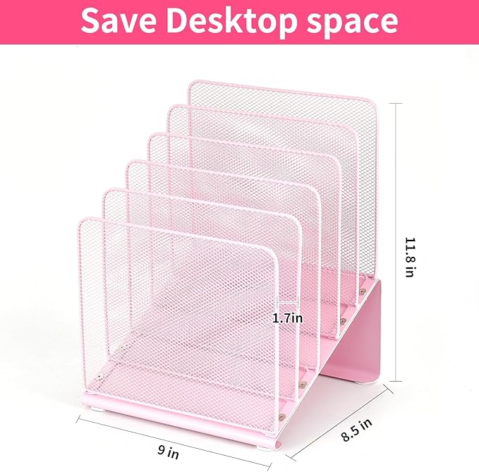 File Organizer for Desk, Desk Organizer with 5-Section Vertical File Rack, Folder Organizer,Workspace Organizers (Pink)