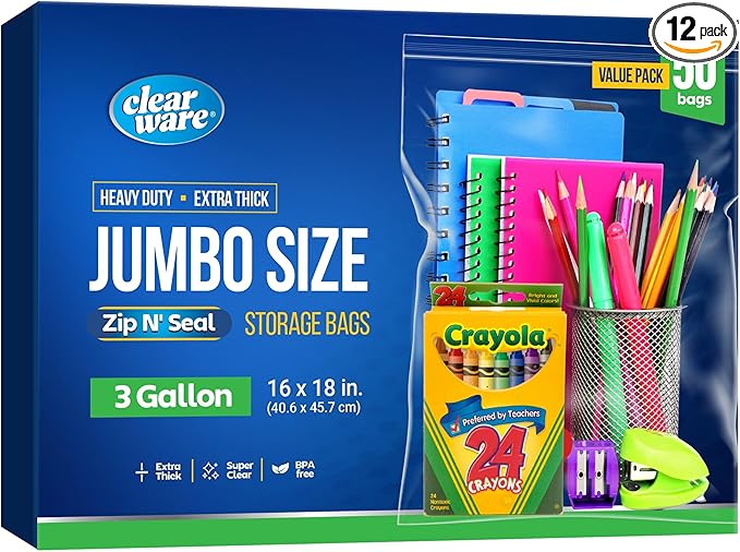 Large Storage Bags With Zipper Top - 3 Gallon Size, 16" x 18", Extra Large Plastic for Clothes, Travel, Moving, Large Reusable freezer bags, BPA-Free, 2-mil Thick (X-Large, 50, Count)