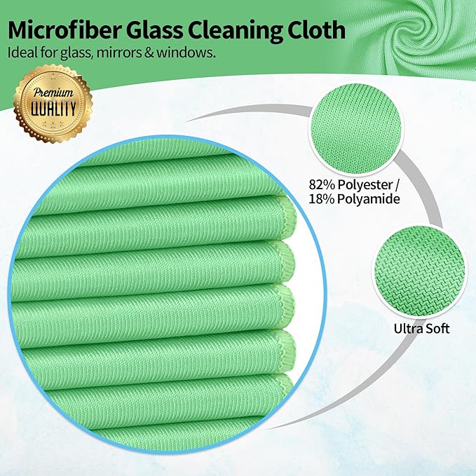 HOMERHYME Microfiber Cleaning Cloth, 12 Pack Window Glasses Cleaning Cloth, Reusable Lint-Free Streak Free Polishing Cloth Wipes for Stainless Steel, Eyeglass, Mirror, Screen & Lense, Sage Green