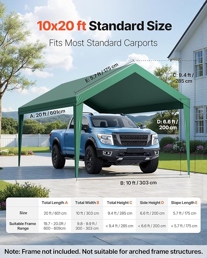 VEVOR Carport Replacement Canopy Cover, 10 x 20 ft Potable Garage Tent Top Tarp, UV-Resistant & Waterproof Car Shelter Tarp, Heavy Duty Car Port Cover with Ball Buggees, Dark Green, Frame Not Included