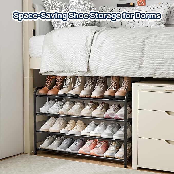 ENJOYBASICS Expandable Shoe Rack, 4 Tier Adjustable Shoe Organizer Shelf for Closet, Black Metal Free Standing Shoe Rack Storage for Small Space, Entryway