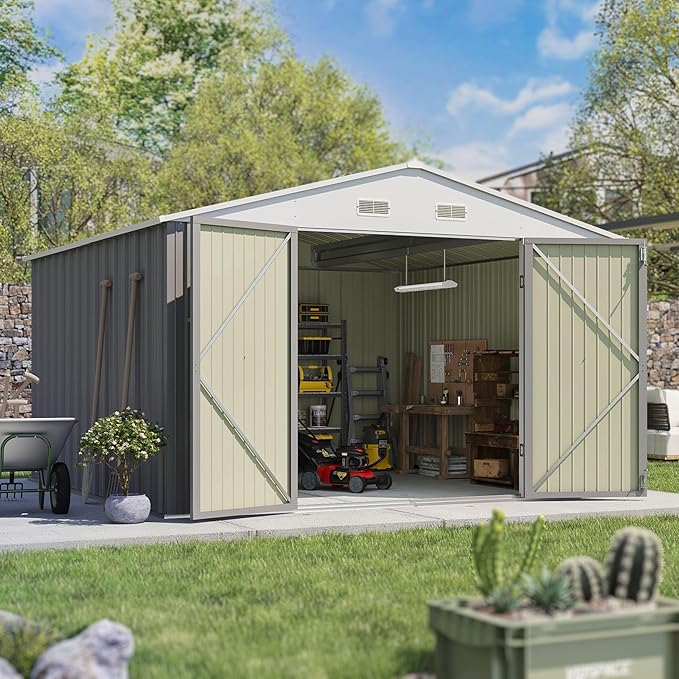 Patiowell 10x10 FT Storage Shed, Outdoor Metal Sheds with Lockable Door and Sloping Roof, Waterproof Outside Large Garden Tool Shed with Breathable Vents for Patio Lawn Backyard, Gray