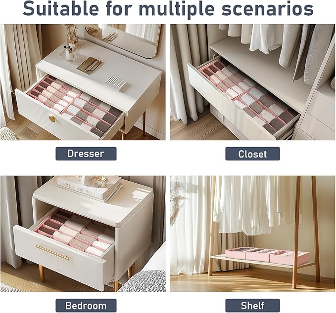 Joyoldelf Sock Drawer Organizer Divider 4 Packs Underwear Organizer, 2 x 24 Cell + 2 x 16 Cell Closet Organizers and Storage Sock Holders for Storing Socks, Handkerchiefs, Ties, Belts (Pink)