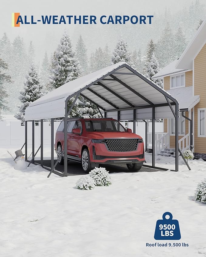 Garveelife 13 ft x21 ft x11 ft Oversized Metal Carport, Heavy Duty Metal Car Port for All-Weather, Steel Shed for Bass Boats, Pickup Trucks, and Tractors