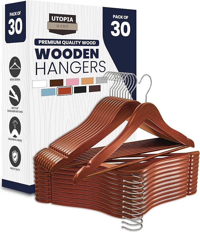 Utopia Home Premium Wooden Hangers 30 Pack - Durable & Slim Coat Hanger - Suit Hanger with 360-Degree Rotatable Hook - Wood Hangers with Shoulder Grooves (Cherry Color)
