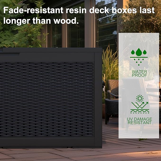 120 Gallon Outdoor Deck Box,Waterproof Resin Outdoor Storage Boxes, Outside Storage Lockable Container for Garden Tools,Indooor Cushions,Accessories (Black)