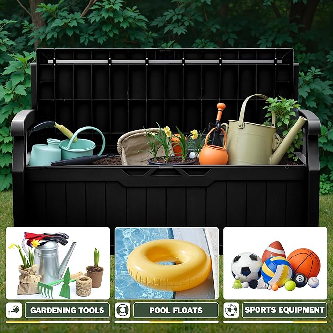 Flamaker 80 Gallon Storage Bench with Cushions Outdoor Indoor, Durable All-Weather Seating with Hidden Storage, Lockable Deck Box for Garden, Patio, Poolside (Black)
