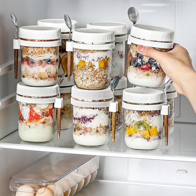 6 Pack Overnight Oats Containers with Lids and Spoons, 16 oz Glass Mason Overnight Oats Jars, Large Capacity Airtight Jars for Milk, Cereal, Fruit(White)