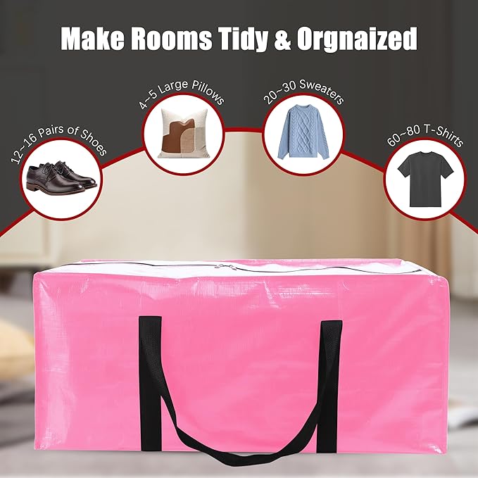 Extra Large Moving Bags with Zippers & Carrying Handles, Heavy-Duty Storage Tote for Space Saving Moving Storage, Fold Flat, Alternative to Box and Bin - 8 Pack, 40 Gal, Pink