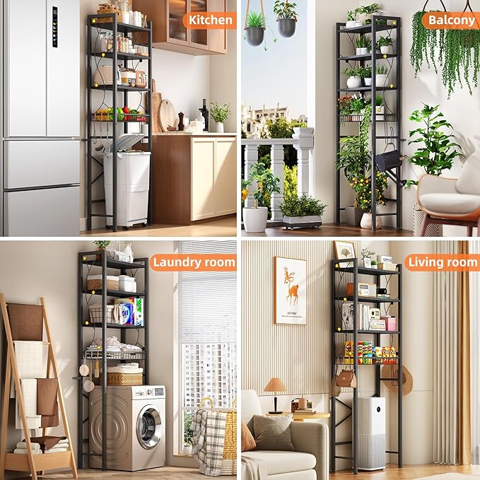 Over-The-Toilet Storage Rack, 4-Tier Bathroom Organizer Shelf Over Toilet with Adjustable Shelf and Basket, Freestanding Space Saver Bathroom Shelves Above Toilet for Room (Pure Black)
