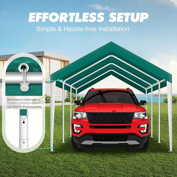 10x20FT Carport Canopy Replacement Cover Heavy Duty Waterproof & UV Protected, All Weather Car Shade Canopy with Ball Bungees (Green, 10'x20')