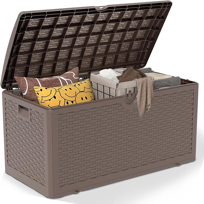 Outdoor Storage Deck Box Waterproof,90 Gallon Lockable Patio Package Delivery Bin as Seat, Resin Storage Container Bench for Furniture Cushions, Pool Accessories, Garden Tools, Brown