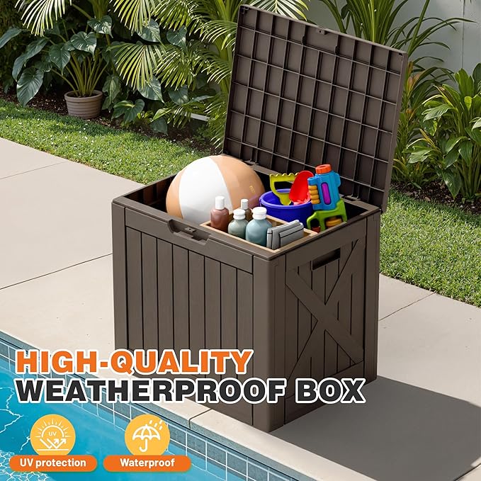 42 Gallon Outdoor Storage Box, Lockable Resin Deck Box for Patio, Yard, and Poolside, Waterproof & Sunproof Organizer for Furniture, Tools, Pool Supplies, Brown