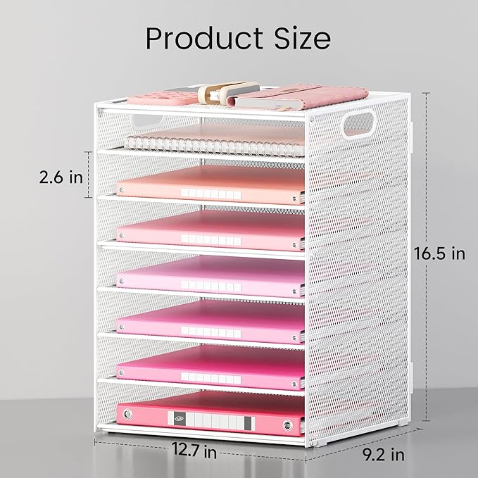 Lavatino 8-Tier Letter Tray Desk Paper Organizer, Mesh File Tray Organizer for Desk, Office Supplies & Home Organization, Fits A4 Paper, Mail, Magazines and Office Accessories (White with Handle)