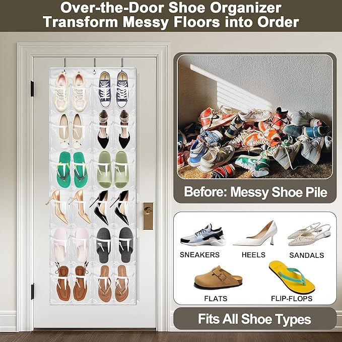 Over The Door Shoe Organizer - 2 Pack Shoe Rack for Door with 24 Pockets and Hooks, Shoe Holder Back of Door Organizers for Shoes, Hanging Shoe Organizer for Space Saving, White