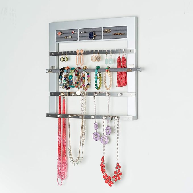 Hives and Honey Tori Wall Hanging Jewelry Rack – Wall-Mounted Organizer with Ring Rolls, Earring Slots, Bracelet Bar & Necklace Hooks, Anti-Tarnish Linen, Silver
