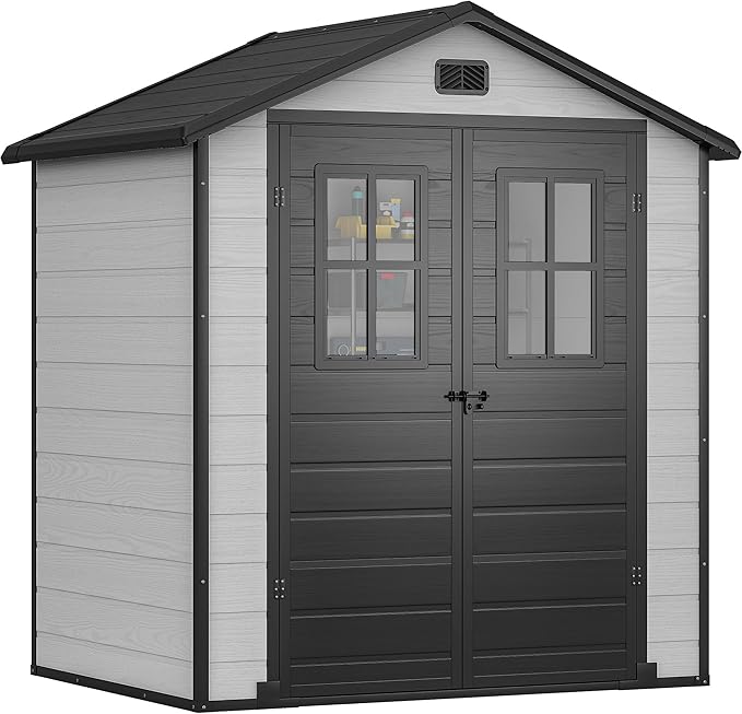DWVO 6x4.4 FT Outdoor Storage Shed, Plastic Garden Tool Shed with 2 Windows, Double-Wall Outside Shed for Lawn Mower, Garden Tool for Backyard, Patio, Lawn