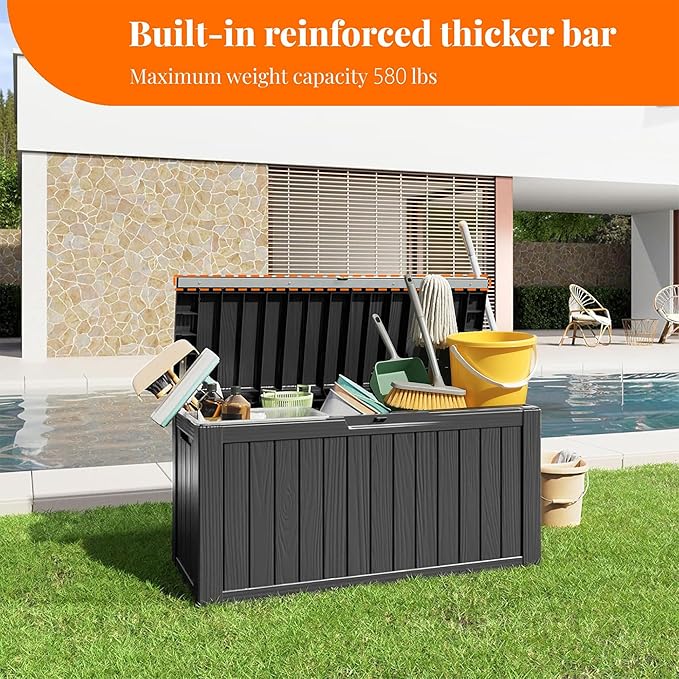 90 Gallon Resin Deck Box, Lockable Patio Outdoor Storage Box for Furniture, Garden Tools and Tools Storage, Waterproof Outside Storage Box - Black