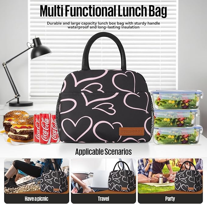 Lunch Bag Women/Men Lunch Box Women/Men (black+pink heart)