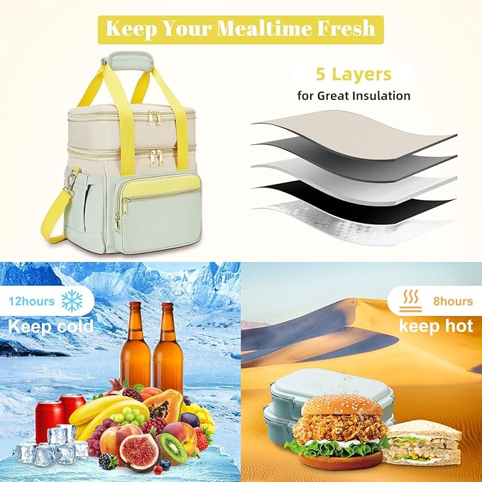 Insulated Lunch Bag & Lunch Box for Women - Double Deck Reusable Lunch Bag for men Tote Cooler Bag Leakproof Soft Expandable - Large Lunchbox for Work/Adult/Picnic/Outdoor (Green，15L)