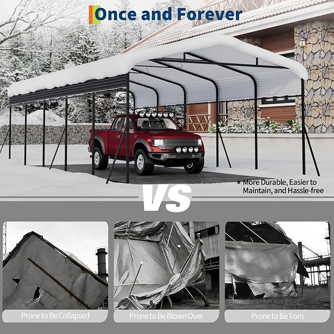 GAOMON Metal Carport, Carport with Reinforced Base and Galvanized Steel Roof, Heavy Duty Garage Car Shelter Shade, Outdoor Car Port Canopy for SUV, Truck, Boats, 13x26 FT