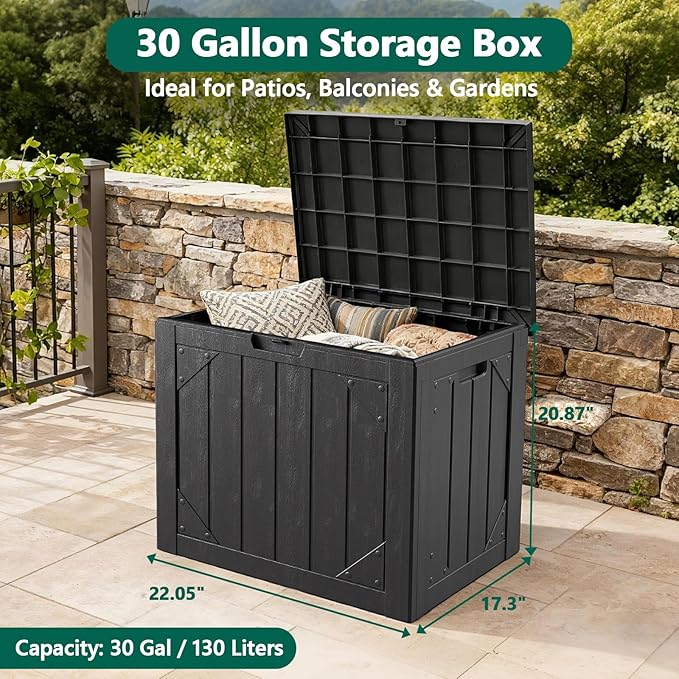 30 Gallon Outdoor Storage Box, Waterproof Resin Deck Box Organizer for Patio Cushion Storage, Lockable Outside Container for Garden Tools