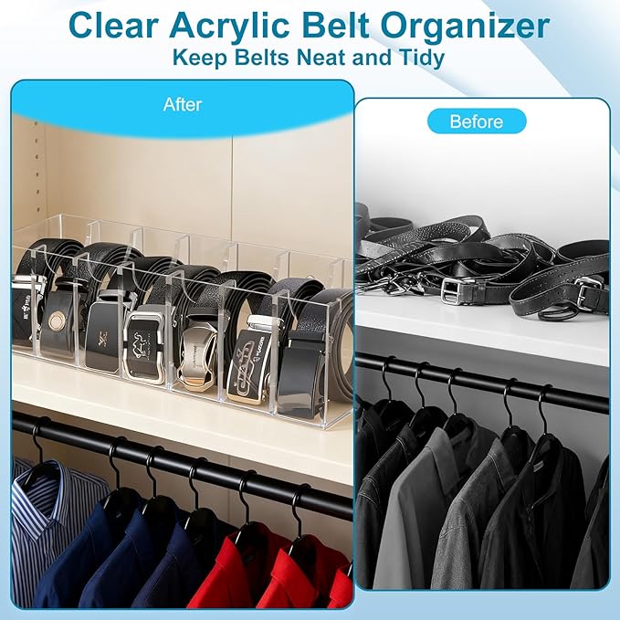 Acrylic Belt Organizer for Closet, 7-Compartment Belt Storage Holder Rack, Clear Belt Box for Men’s & Women’s Belts, Tie & Scarf Organizer, Stackable or Wall-Mount Accessory Storage