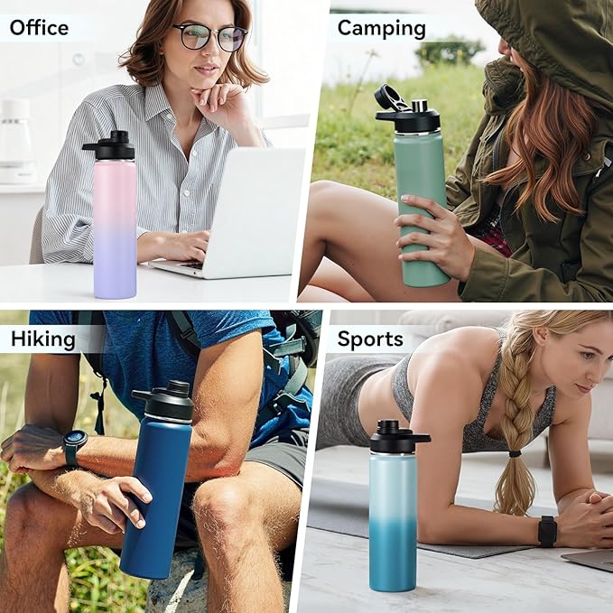 24 oz Insulated Water Bottle with Handle, 304 Stainless Steel Water Bottles with Wide Mouth, Double Wall Vacuum Sports Water Bottle, BPA Free, Keep Cold and Hot, Forest Green