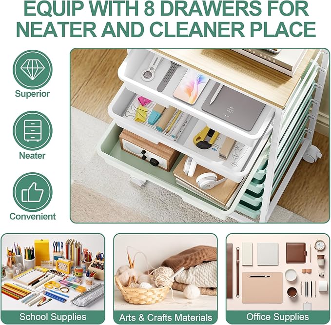 Storage Cart with 8 Drawers, Utility Cart with White Drawers and Wooden Tabletop, Craft Cart, Teacher Organization for Classroom, Storage Furniture, Office Organization, Green