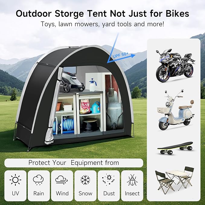 Bike Storage Tent for Outdoor, 2-3 Bike Capacity with Extra Top Space, PU5000 Waterproof 210D Oxford Fabric with Taped Seams, Portable Floor Storage Shed for Bicycle, Motorcycle & Garden Tools, etc
