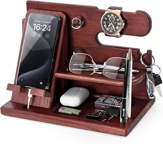 TESLYAR Wood Phone Docking Station for Men - Desk or Nightstand Organizer - Birthday Gifts for Husband, Dad - Anniversary Idea from Wife - Key Holder, Stand Wallet, Watch & Essentials (Mahogany)