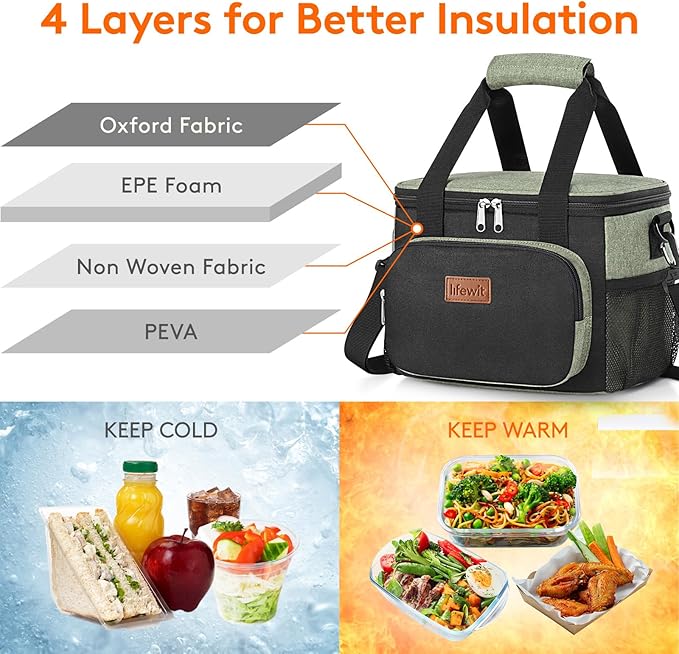 Lifewit Medium Lunch Bag Insulated Lunch Box Soft Cooler Cooling Tote for Adult Men Women, Black and Green 12-Can (9L)