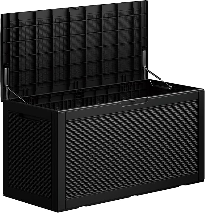 100 Gallon Lockable Resin Outdoor Storage Box, Waterproof & Weather Resistant Deck Box for Patio Cushion, Garden Tools & Pool Accessories, Black