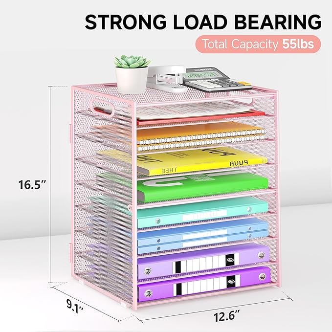 9 Tier Paper Organizer with Handle, Pink Large Capacity Desk Organizer Mesh File Folder Letter Paper Tray Desktop Document Sorter for Classroom, School, and Office Accessories Organization