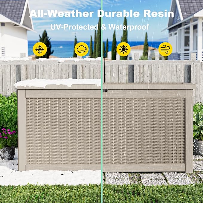 320 Gallon Outdoor Deck Box, Lockable Waterproof Outdoor Storage Boxes For Garden Tools,Indoor Cushions,Accessories Outside Storage Resin Weatherproof Container(Grey)