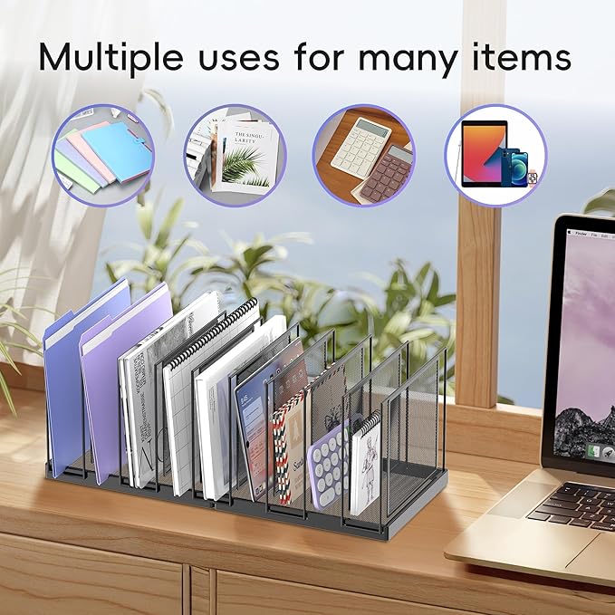 9-Section Desk File Organizer, Vertical File Holder, Mesh Desktop File Folder Metal File Organizer Stand for Office Home Classroom, Black, 2 Pack