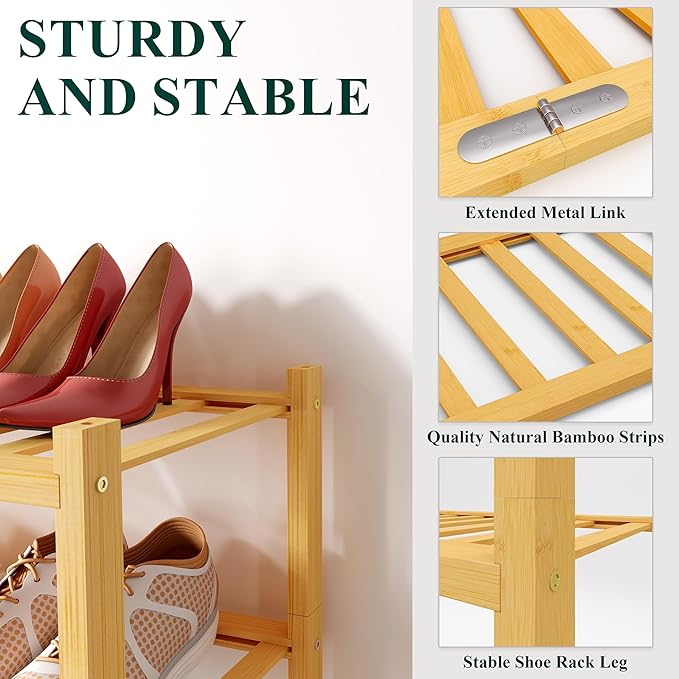 Smiry Shoe Rack, 2 Tier Long Bamboo Shoe Organizer, Stackable Free Standing Wooden Shoe Storage Shelf for Closet, Entryway, Front Door Entrance, Natural