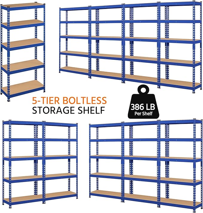 Topeakmart 5-Tier Utility Shelves, Metal Storage Shelves, Adjustable Shelving Units, Boltless Assembly, Garage Shelves Shed Shelving for Warehouse Garage Shed Basement- Blue, 27.5 x 12x 60 Inch