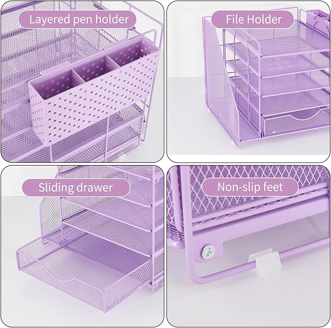 Desk Organizer with Drawer and Pen Holder, 5-Tier Paper Letter Tray Organizer with File Holder, Suitable for Workspace Organizer Office Supplies Storage (Purple)