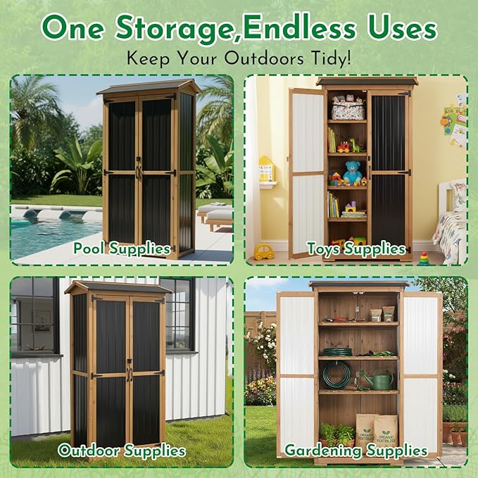 Outdoor Storage Cabinet, Wood & Metal Garden Cabinet with 3 Adjustable Shelf, Weather-Resistant Roof, Lockable Doors & Adjustable Feet for Patio, Garden, Farm (33" L x 21" W x 69" H)