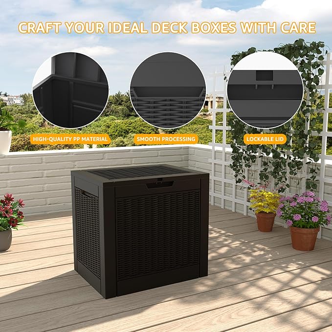 DRATO 31 Gallon Deck Box, Outdoor Storage Box for Patio Cushion, Garden Tools, Waterproof Resin Storage Box (Black，31 Gallon)